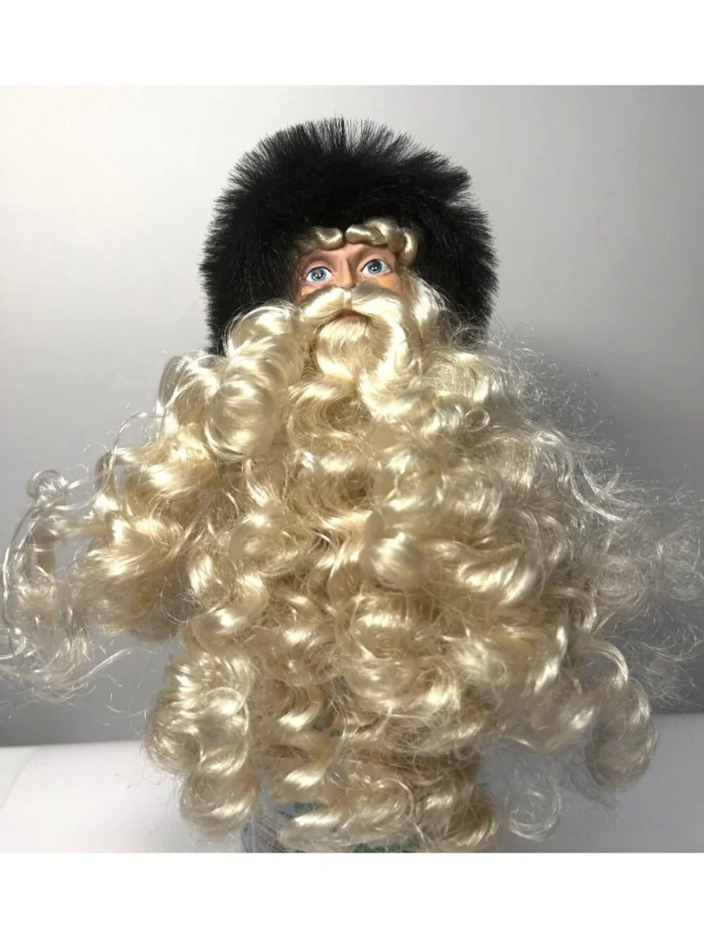 Vintage Santa Claus Head With Faux Fur Hat & Curly Beard